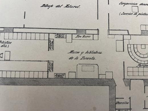 These images from a book show the general layout and a detail of the Royal Catalan Academy of Fine Arts of Sant Jordi in the early twentieth century, with the location of the plaster replica of the lamassu drawn and marked in writing.