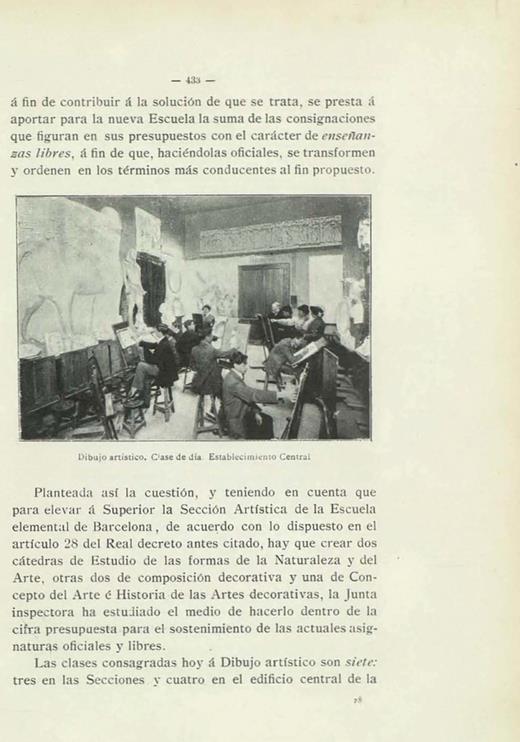 Photograph from the first quarter of the twentieth century of a drawing class at the Royal Catalan Academy of Fine Arts of Sant Jordi. One student stands out, sitting in front of an easel. He is copying the plaster replica of the lamassu with pencil on paper. In addition, other students, also seated before easels, copy other replicas of Greek and Egyptian statues.